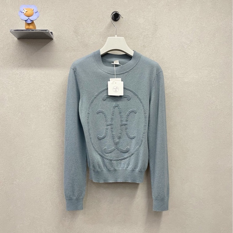 閒置99新HERMES愛馬仕 藍色logo壓紋針織衣✨尺碼38（胸圍約82）-0