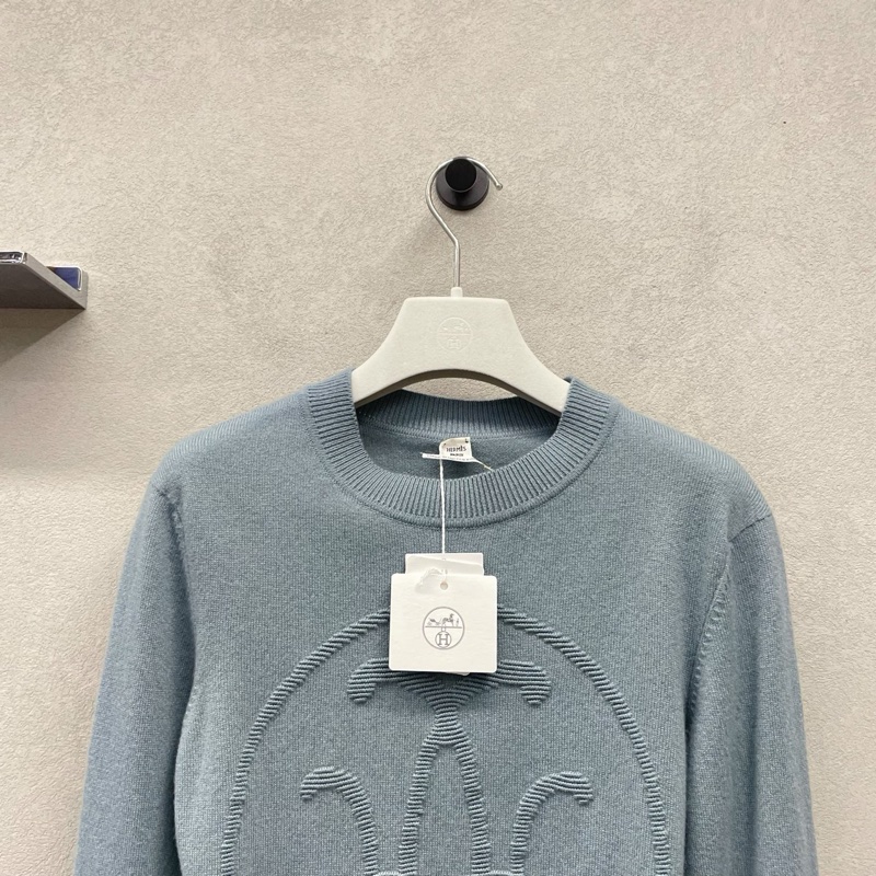 閒置99新HERMES愛馬仕 藍色logo壓紋針織衣✨尺碼38（胸圍約82）-3