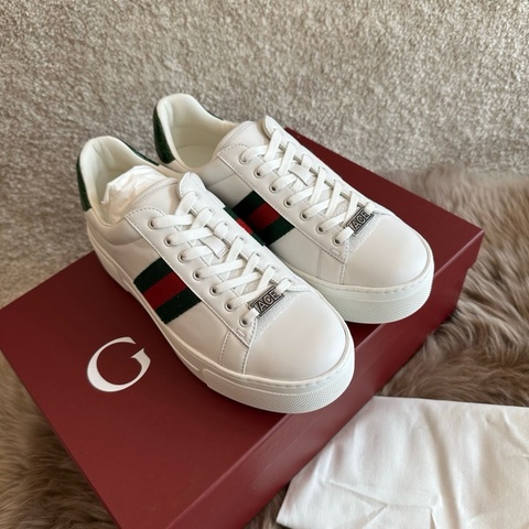 99新Gucci古馳 ACE圓頭系帶白色低幫板鞋 尺碼：38