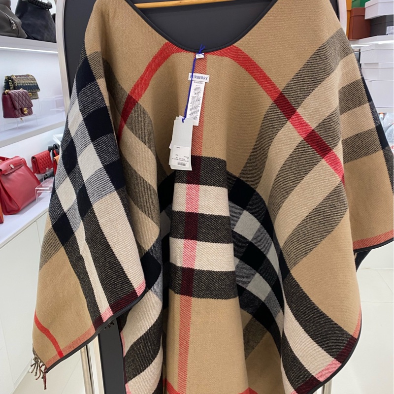 Burberry巴寶莉 雙面戰馬格紋老花圖案印花羊毛休閒兩面穿鬥篷披風 羊毛 絨線圍巾披肩 ,全新-4