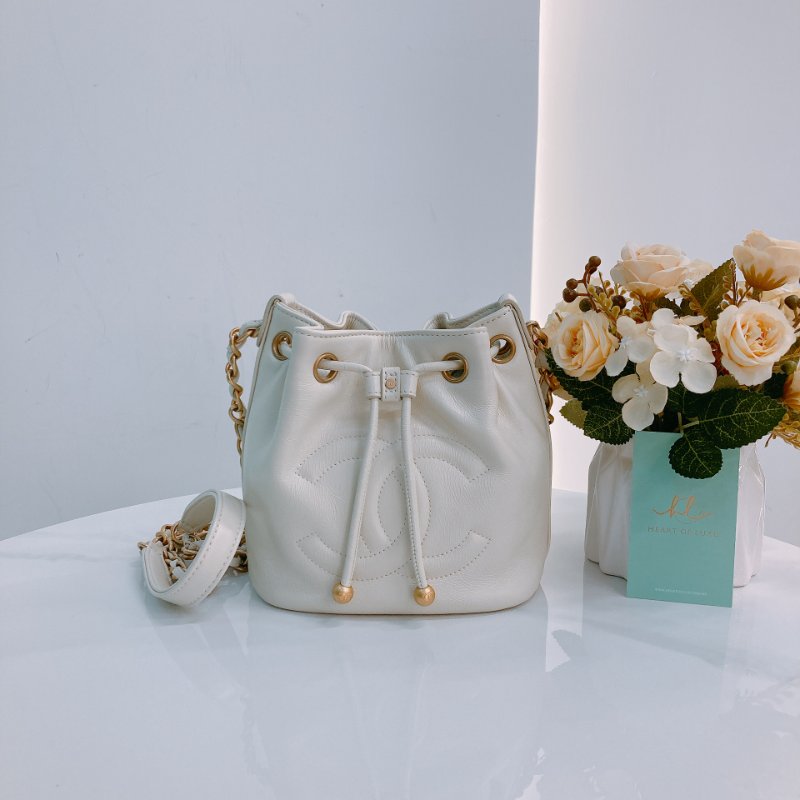MS0432 Chanel 香奈兒 抽繩水桶 牛皮 象牙白色 奶油白色 金扣 CC Bucket Drawstring Bag Small Calfskin Ivory x GHW #30245084 (98%New)(Receipt,Sticker)15500-0