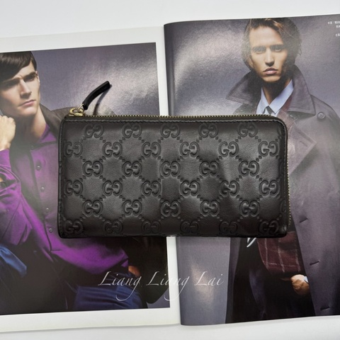GUCCI 古馳 Guccissima GG小牛皮深咖啡色拉鍊長夾