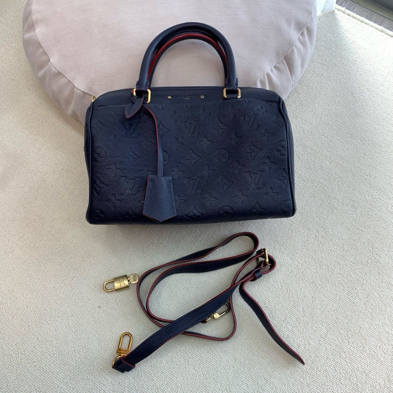 Louis Vuitton • 經典老花深藍色全皮壓紋Speedy 25-0