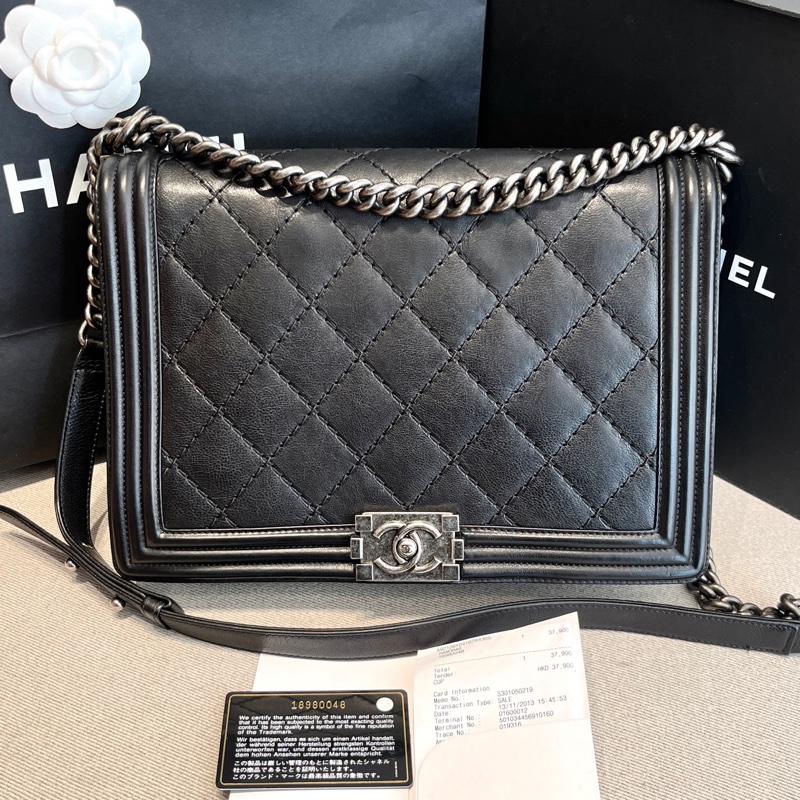 Chanel • Le Boy 28 經典菱格紋牛皮大號鏈條包 附購證、保卡-3