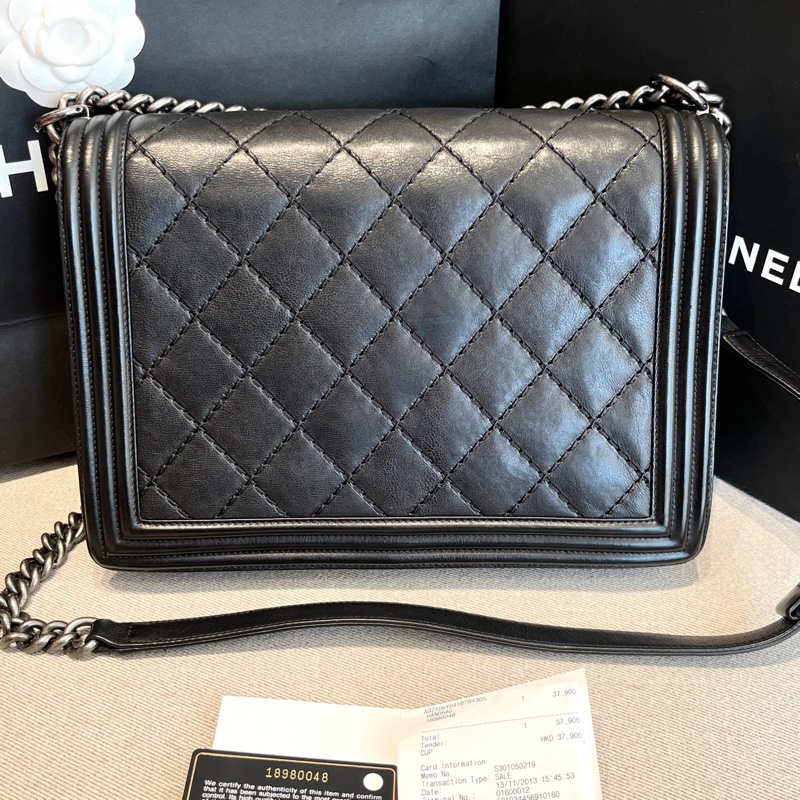 Chanel • Le Boy 28 經典菱格紋牛皮大號鏈條包 附購證、保卡-4