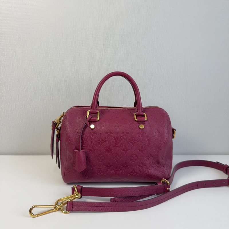 LV 紫紅色全皮款老花壓紋 speedy25 波士頓枕頭包-0