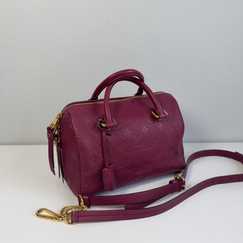 LV 紫紅色全皮款老花壓紋 speedy25 波士頓枕頭包-1