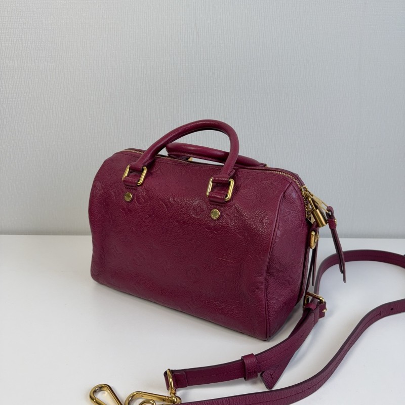 LV 紫紅色全皮款老花壓紋 speedy25 波士頓枕頭包-2