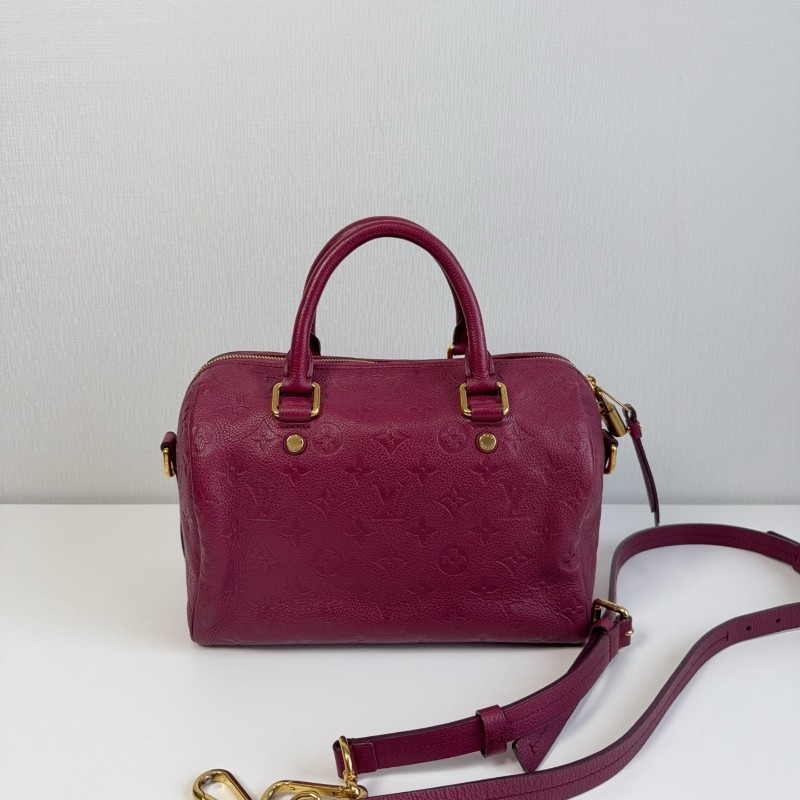 LV 紫紅色全皮款老花壓紋 speedy25 波士頓枕頭包-3