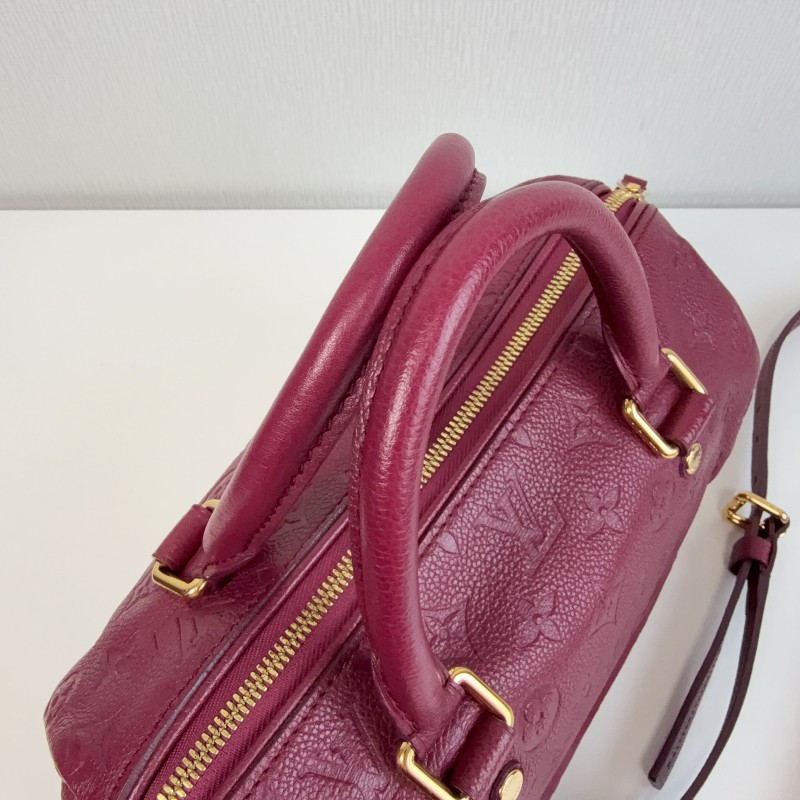LV 紫紅色全皮款老花壓紋 speedy25 波士頓枕頭包-4
