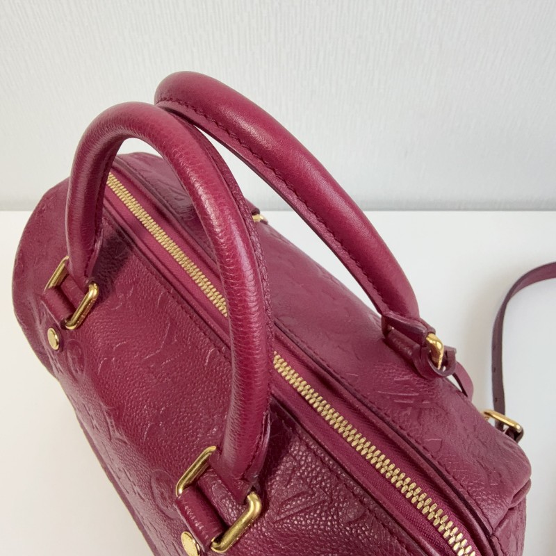 LV 紫紅色全皮款老花壓紋 speedy25 波士頓枕頭包-5