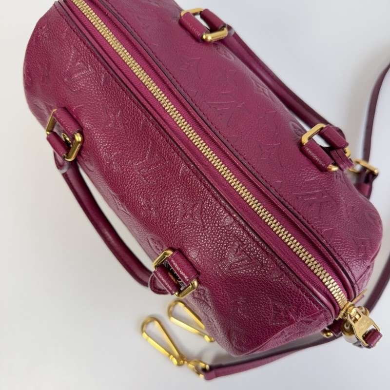 LV 紫紅色全皮款老花壓紋 speedy25 波士頓枕頭包-6