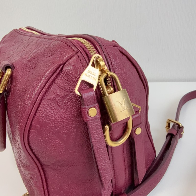 LV 紫紅色全皮款老花壓紋 speedy25 波士頓枕頭包-7
