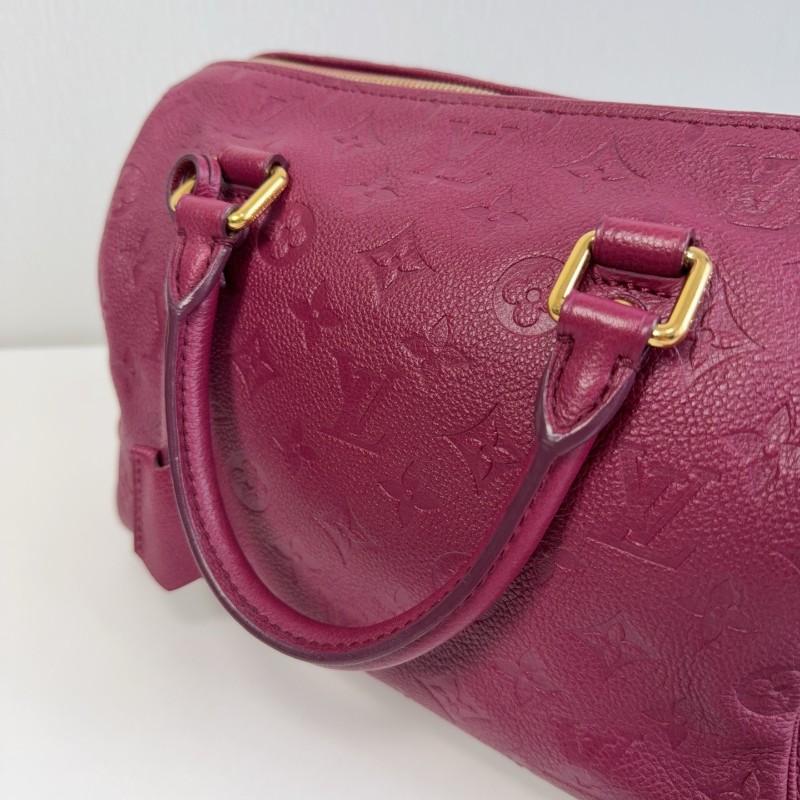 LV 紫紅色全皮款老花壓紋 speedy25 波士頓枕頭包-9