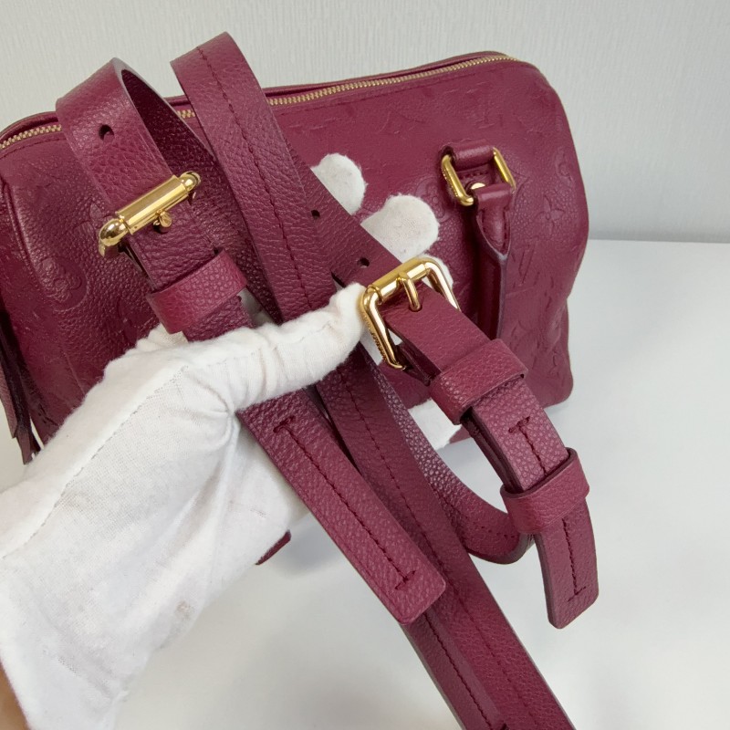 LV 紫紅色全皮款老花壓紋 speedy25 波士頓枕頭包-12