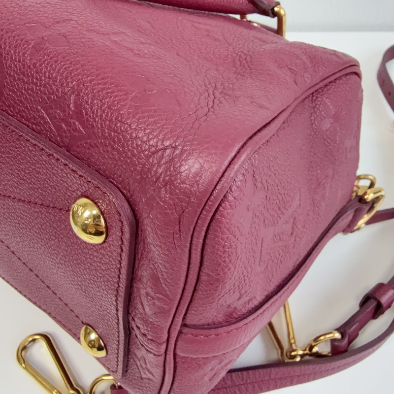 LV 紫紅色全皮款老花壓紋 speedy25 波士頓枕頭包-15