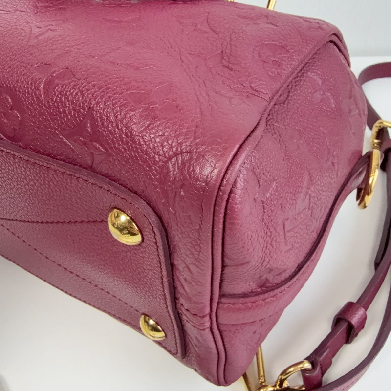 LV 紫紅色全皮款老花壓紋 speedy25 波士頓枕頭包-17