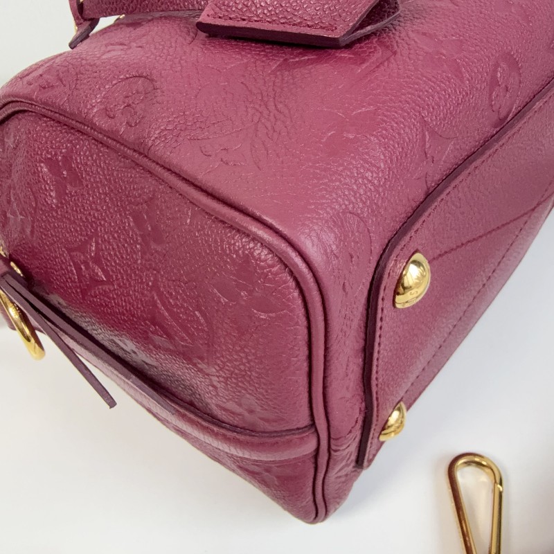 LV 紫紅色全皮款老花壓紋 speedy25 波士頓枕頭包-18