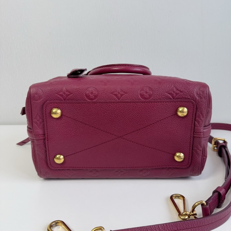 LV 紫紅色全皮款老花壓紋 speedy25 波士頓枕頭包-19