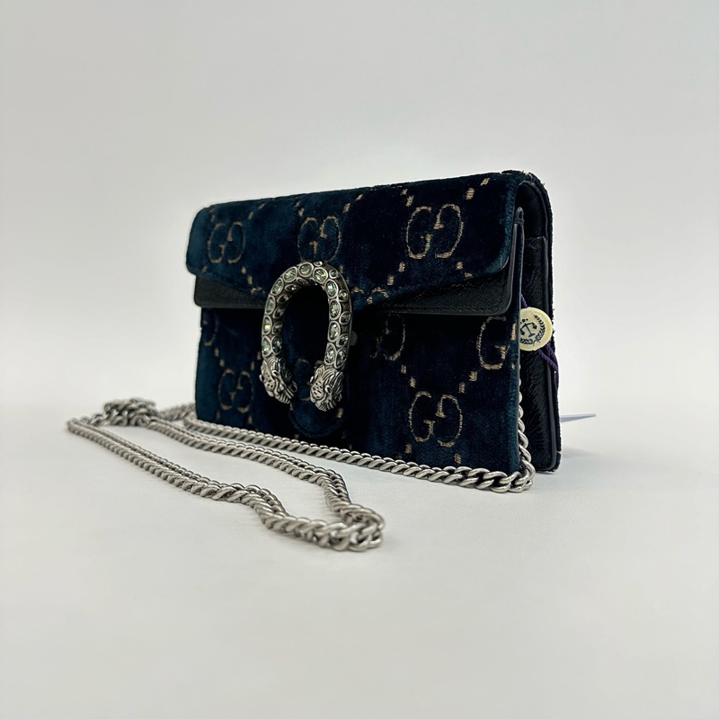 95新❤️Gucci/古馳藍色絲絨mini鑽扣酒神單肩鏈條包-1