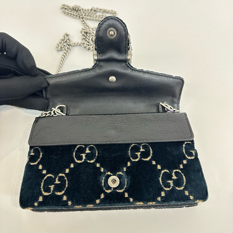 95新❤️Gucci/古馳藍色絲絨mini鑽扣酒神單肩鏈條包-8