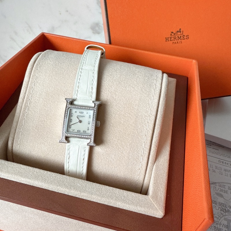 近全新✨ Hermes Heure H 手錶 滿鑽H手錶 鱷魚皮錶帶 台灣購證購入-12