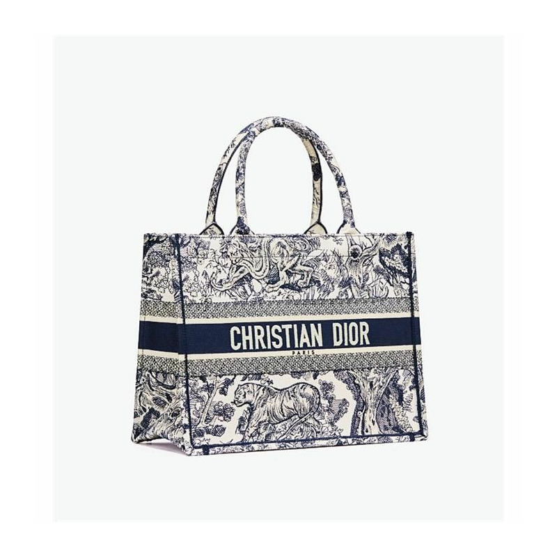 DIOR 中型書包手提袋 米白色和藍色刺繡 M1296ZTDT_M34I-6
