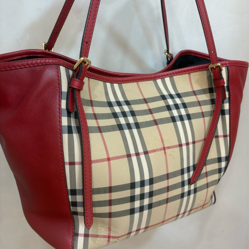 Burberry 經典托特包 肩背包 -戰馬格紋織布 拼接皮革-0
