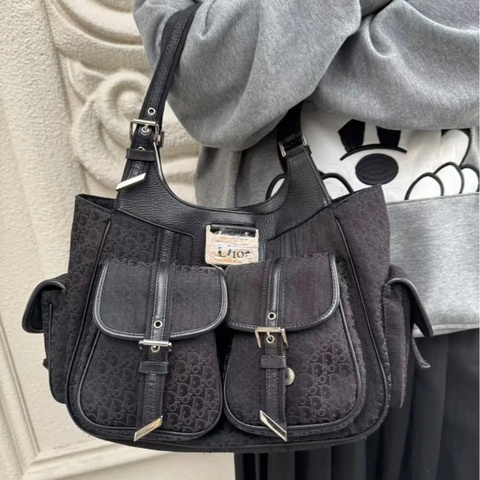 ✨Dior vintage 黑銀暗紋punk 多口袋機車托特包 超級酷🖤