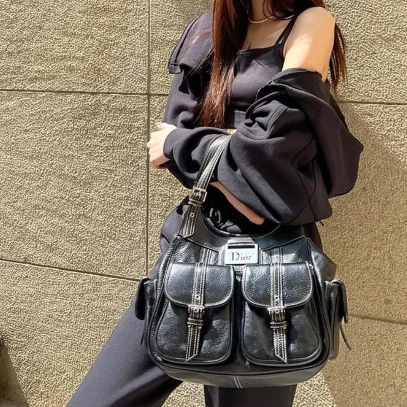 ✨Dior vintage 黑銀暗紋punk 多口袋機車托特包 超級酷🖤-1