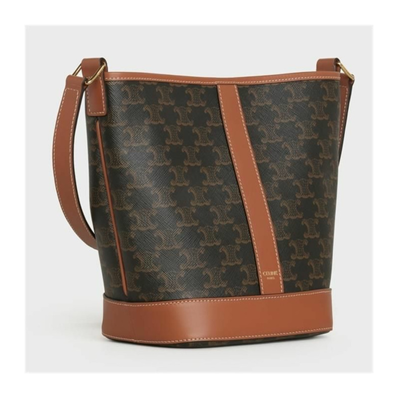 CELINE 小號 Triumph 帆布小牛皮水桶包,棕褐色,貨號 191442CAS.04LU-5