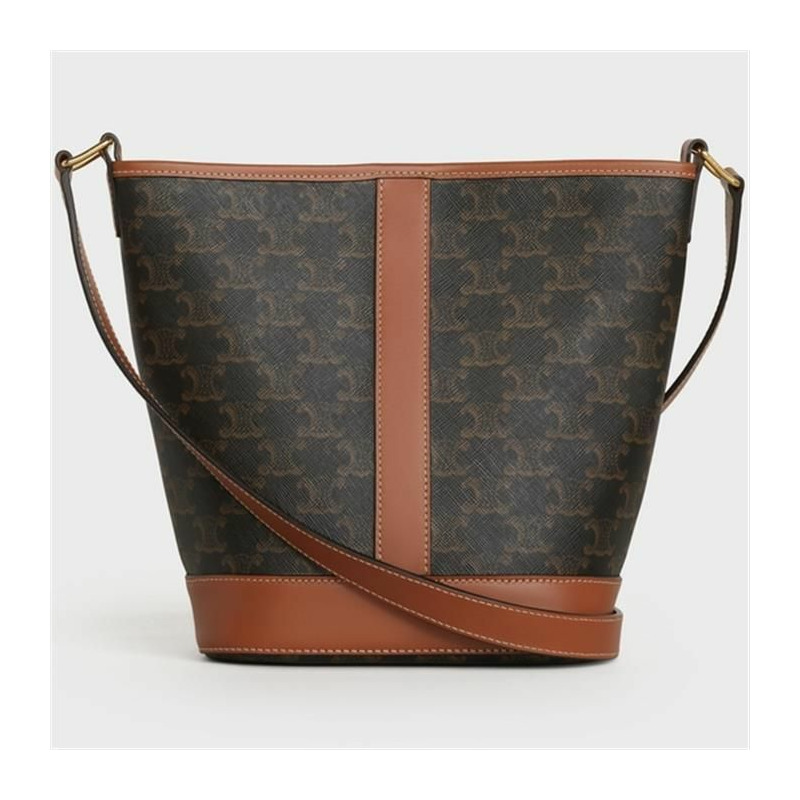 CELINE 小號 Triumph 帆布小牛皮水桶包,棕褐色,貨號 191442CAS.04LU-7