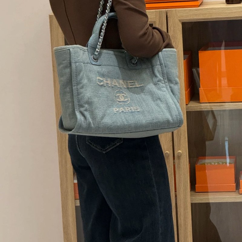 CHANEL 牛仔銀釦子母手提肩背沙灘包 32*23*15 98新配件塵袋-0
