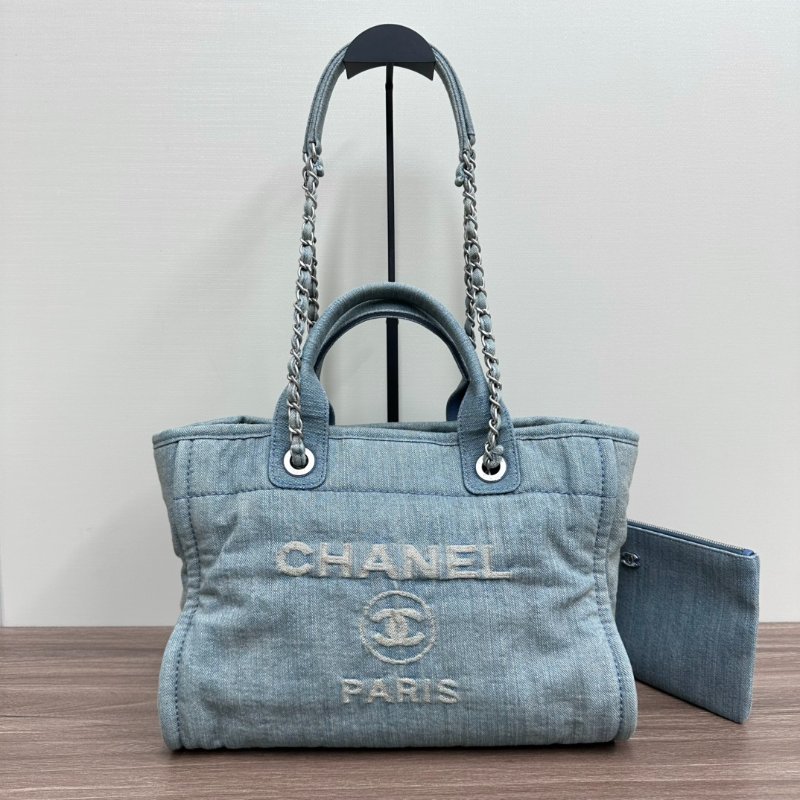 CHANEL 牛仔銀釦子母手提肩背沙灘包 32*23*15 98新配件塵袋-1