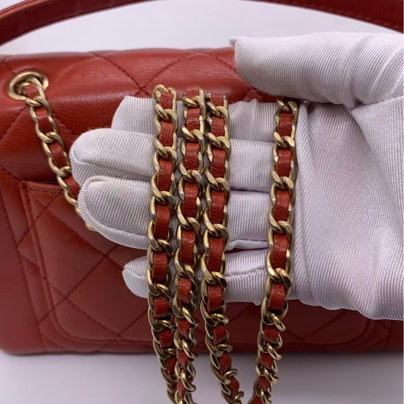 二手Chanel香奈兒cf戴妃鏈條包紅色羊皮金扣，鐳射20開-19