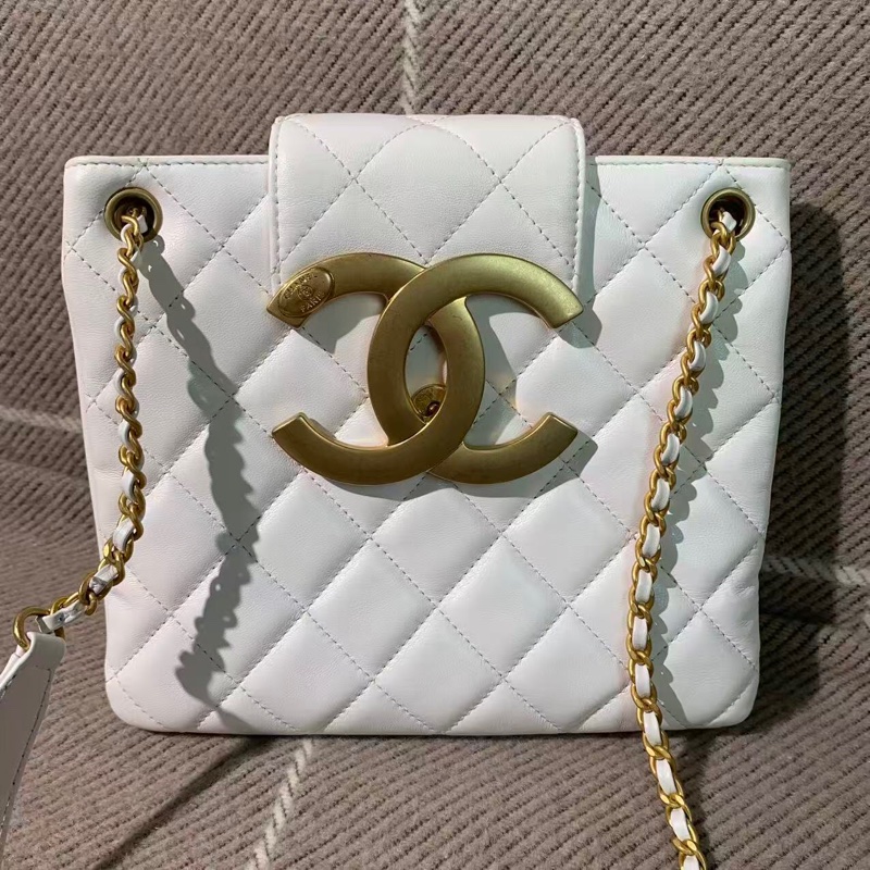 24cChanel香奈兒大logo托特包白色羊皮芯片款-0
