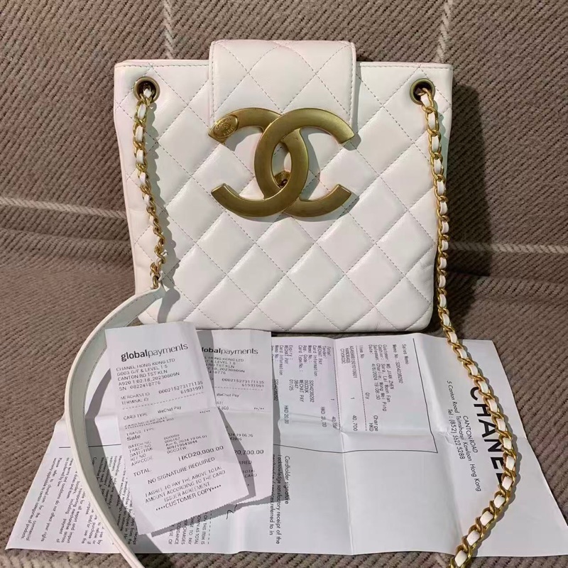 24cChanel香奈兒大logo托特包白色羊皮芯片款-10