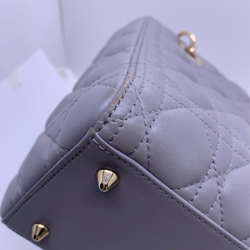 二手Dior五格戴妃包珠光灰羊皮金扣手提包-10