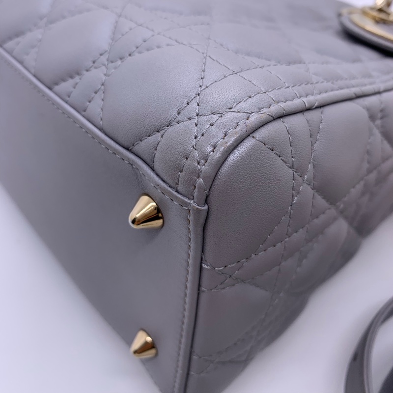 二手Dior五格戴妃包珠光灰羊皮金扣手提包-12