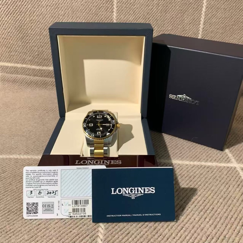 二手浪琴Longines康卡斯系列  型號:L3.781.3.56.7，自動機械機芯，表徑41毫米 精鋼間金，黑色太陽紋錶盤，陶瓷外圈，旋入式表冠，夜光刻度，日曆顯示，300米防水，72小時動力儲備，原始狀態，2025年購入-0