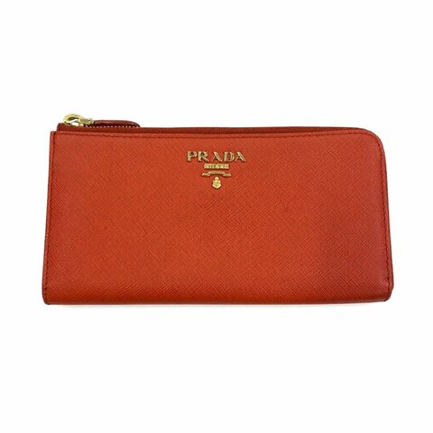 PRADA 普拉達 L型長夾 皮革 橘色 金扣