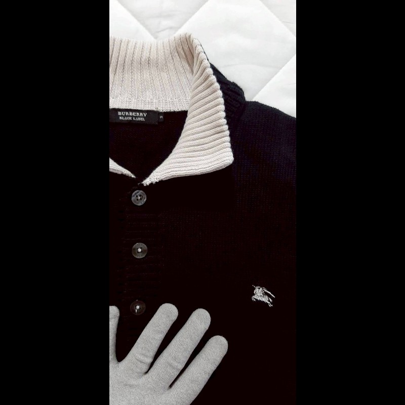 絕版BURBERRY 博柏利 BLACK LABEL 黑標 戰馬 男黑色立領長袖針織衫3號-4