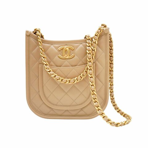 Chanel 展示品 菱格牛皮金鍊Hobo二用斜背包(AS4532-米)