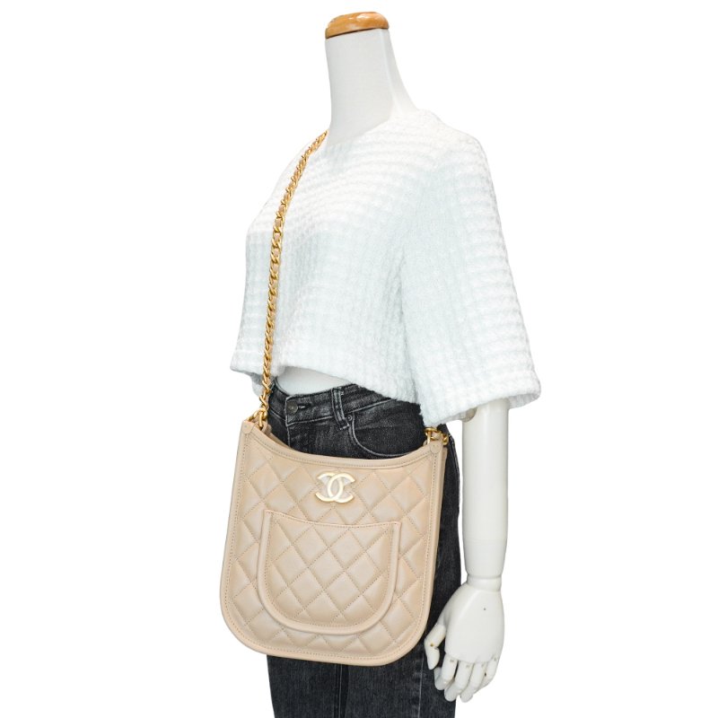 Chanel 展示品 菱格牛皮金鍊Hobo二用斜背包(AS4532-米)-5