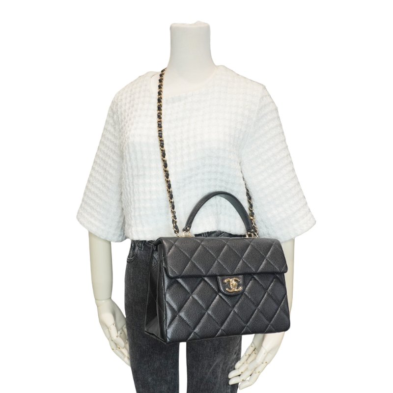 Chanel 展示品 Kelly 荔枝牛皮淡金釦手把口蓋包-大(AS4712-黑)-5