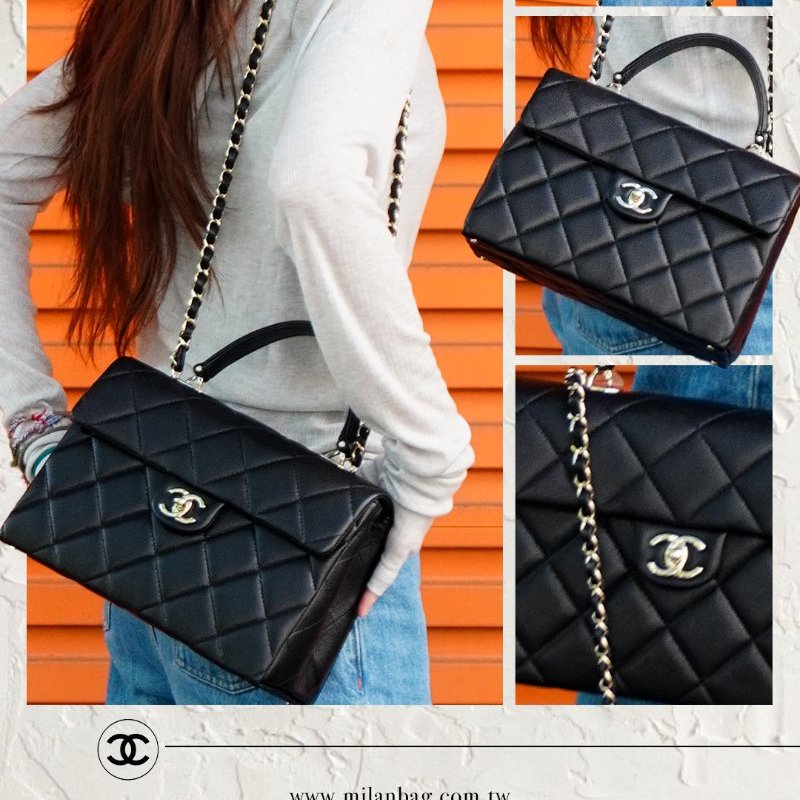 Chanel 展示品 Kelly 荔枝牛皮淡金釦手把口蓋包-大(AS4712-黑)-0