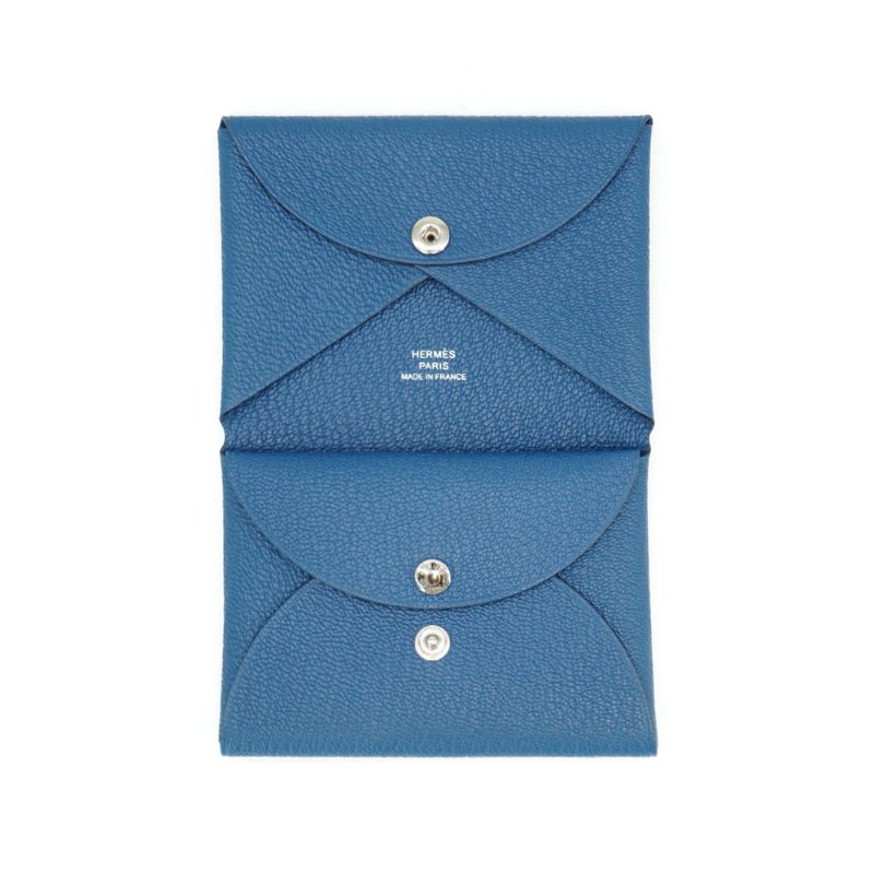Hermes Calvi Duo 山羊皮雙層釦式零錢卡包(寶藍)-4