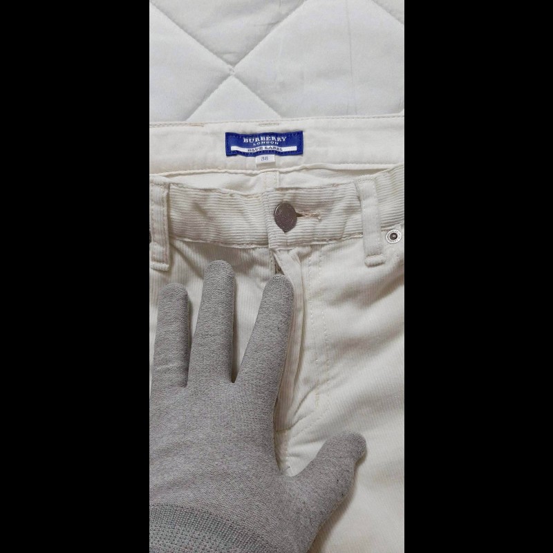 （日本製MIJ）絕版BURBERRY 博柏利 BLUE LABEL 藍標 女米白色燈芯絨喇叭褲38號-6