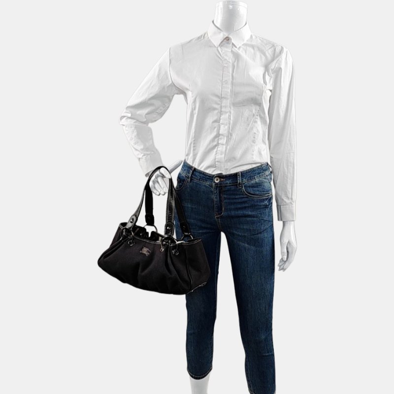 BURBERRY黑色織物手提包銀色五金-1