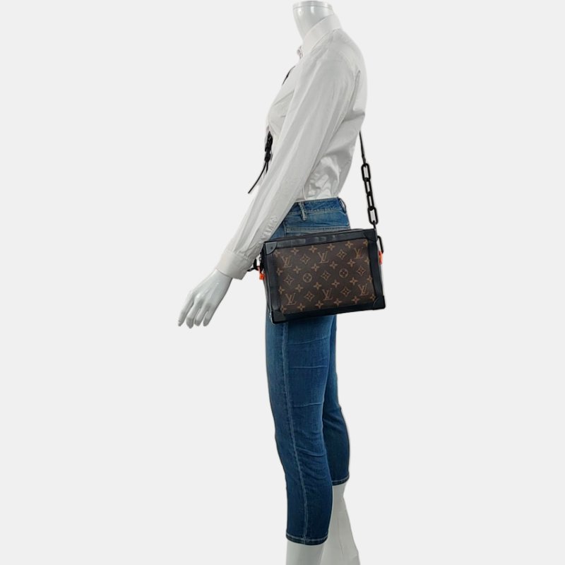 LOUIS VUITTON SOFT TRUNK 棕色塗層帆布老花單肩包手提包斜挎包黑色五金可拆卸肩帶-1